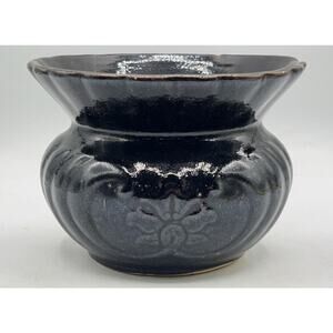 VTG Glazed Stoneware Spittoon Floral Pattern 7" Dark Glaze w/ Repair